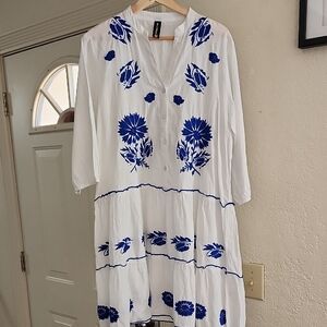 Me 2 Magic Anthropologie Blue & White Embroidered Boho Mini Dress XL Cottagecore